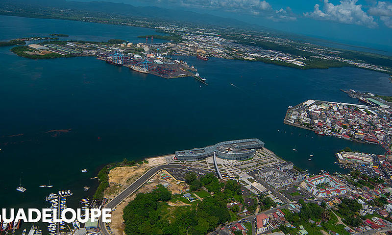 Aerial view of Guadeloupe showing the capital city of Pointe-à-Pitre